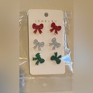 Red, Silver, and Green Bow Earrings Set